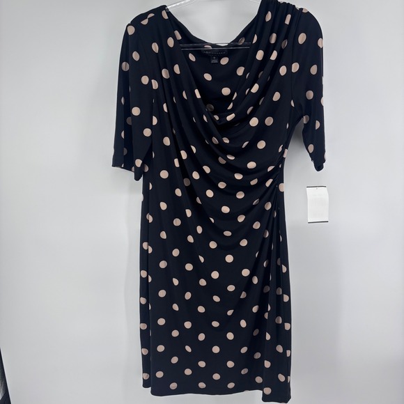 Connected Apparel Women's Dress Black Beige Polka Dot Cowl Neck Party - Picture 1 of 4